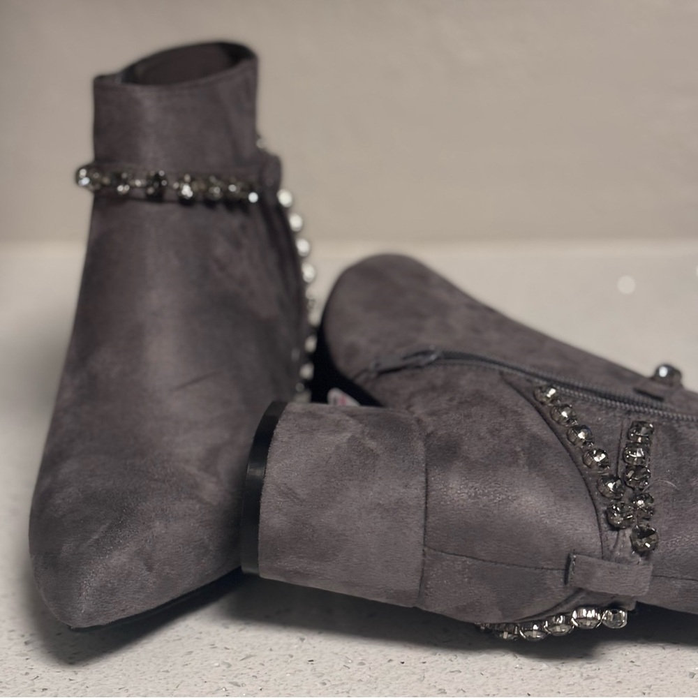 Gray Suede Ankle Boots with Rhinestone Detailing